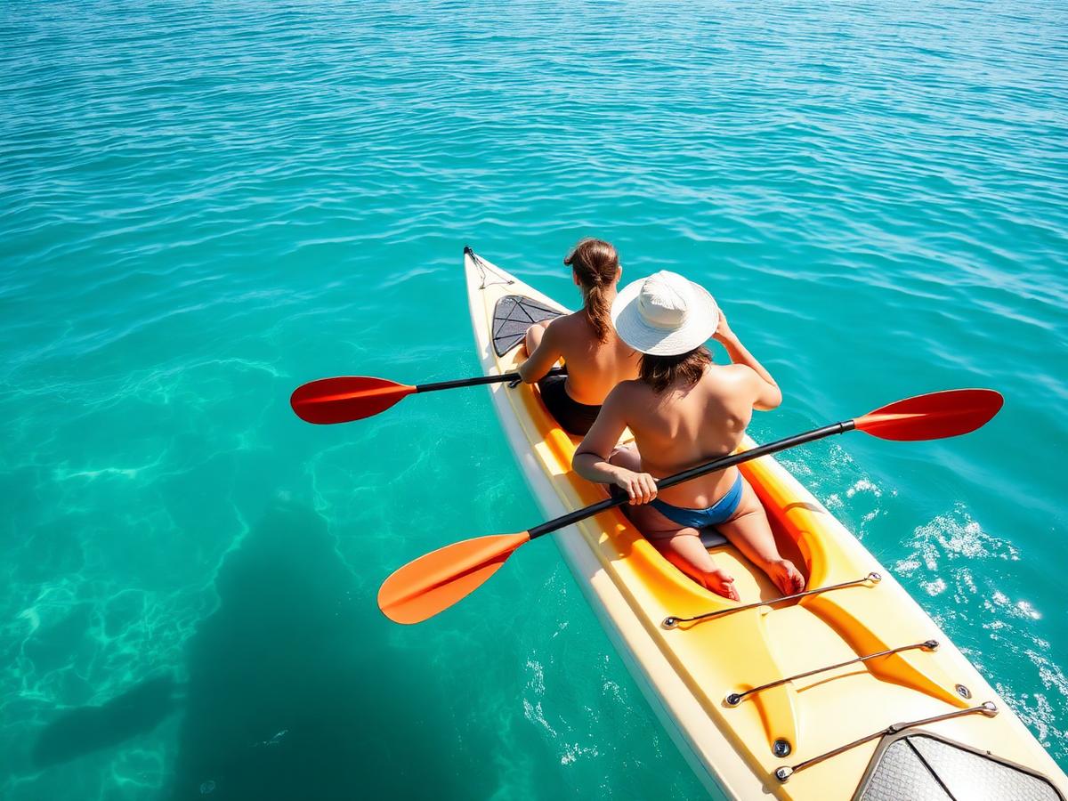 Duas pessoas a remar num kayak duplo em água turquesa