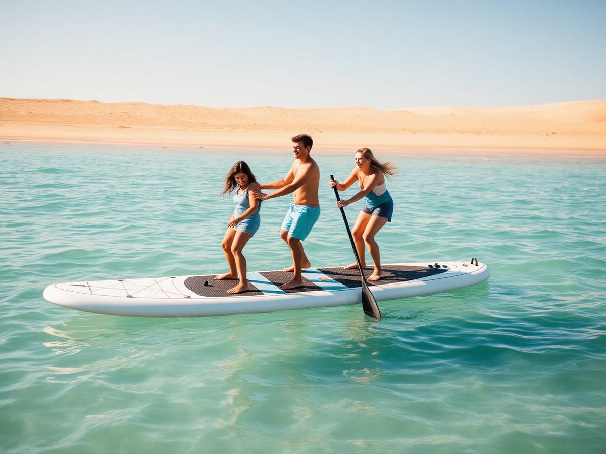 Família a partilhar uma prancha de SUP grande junto à praia