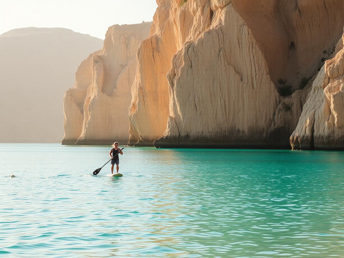 Pessoa a fazer stand up paddle em mar calmo junto à falésia